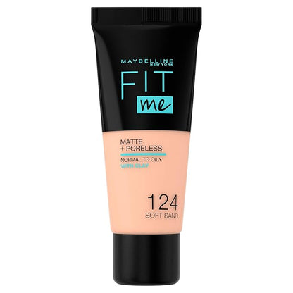 Maybelline Fit Me Foundation, Medium Coverage, Blendable With a Matte and Poreless Finish, For Normal to Oily Skin, Shade: 124 Soft Sand, 30ml