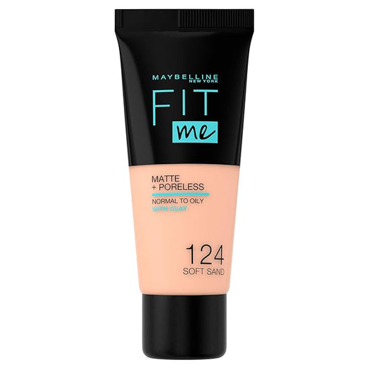 Maybelline Fit Me Foundation, Medium Coverage, Blendable With a Matte and Poreless Finish, For Normal to Oily Skin, Shade: 124 Soft Sand, 30ml