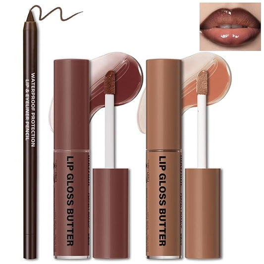 2 Colors Nourishing Lip Gloss Hydration Non-Sticky Plumping Lip Kit for Women, Natural Nude Tinted Lip Glow Oil Moisturizing Lightweight Long Wear Shiny Liquid Lipstick with Lip Liner Combo
