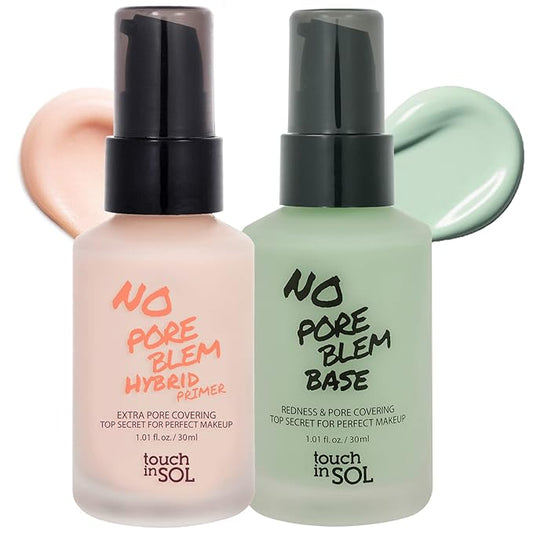 TOUCH IN SOL No Poreblem Hybrid Primer + Redness Correcting Base Set - Extra Pore Covering Matt Finish Sebum and Shine Control - Tone Neutralizing before Foundation, 1.01 + 1.01 fl.oz.
