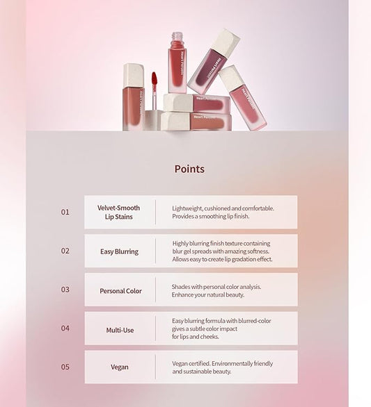 Heart Percent Dote On Mood Blurry Fog Tint, Velvety Matte Soft & Fuzzy Creamy Lightweight Vegan Lip Stains with Personal Color Analysis, #05. Petal Rose