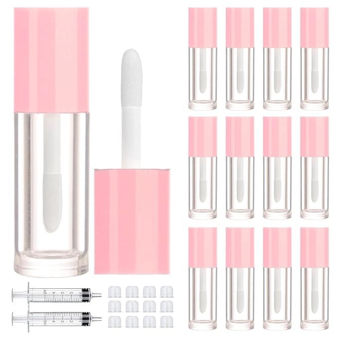 2.5ml 12 PCS Empty Lip Gloss Tubes with Wand Lip Gloss Containers Cute 0.08oz Clear Refillable Lipgloss Making Supplies Kit for DIY Makeup+ 2pcs Syringes (Pink)