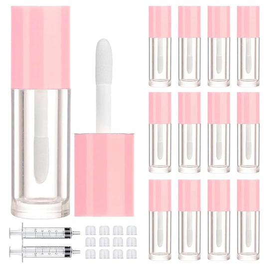 2.5ml 12 PCS Empty Lip Gloss Tubes with Wand Lip Gloss Containers Cute 0.08oz Clear Refillable Lipgloss Making Supplies Kit for DIY Makeup+ 2pcs Syringes (Pink)