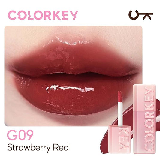 COLORKEY 3D Plump Oil Lip Gloss, High-shine Finish, Lip Tint, Moisturizing, Non-Sticky, Clear and Natural, Glassy Shine (G09 Strawberry Red, 3ml)