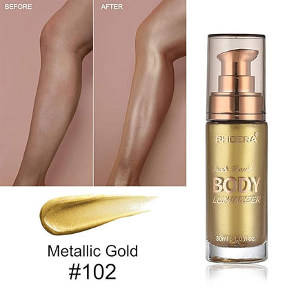PHOERA High Gloss Waterproof Body Luminizer Glitter Face Shimmer Moisturizer Lotion Tan Cream Foundation Makeup Bronzer AQUAPURITY (102 Metallic Gold)