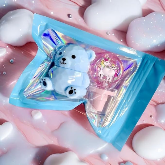 LOVELY Bear Lip Balm Set - Adorable Catoon Warm Change Lip Gloss & Lipblam Combo Long Lasting Nourishing Lip Glow Oil Non-sticky Primer Lip Tint(2pcs) (Blue lipblam with Unicorn Lip Gloss, 1)