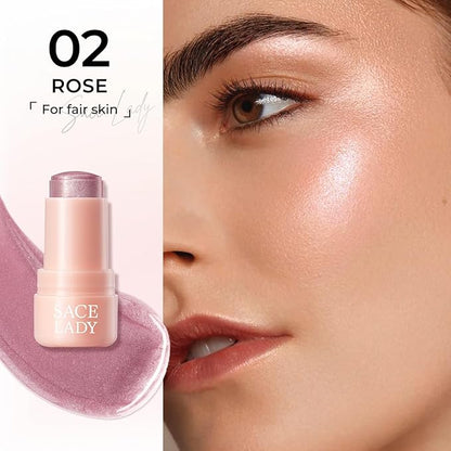 SACE LADY Jelly Highlighter Stick, Face Glow Sticks with Watery Radiant Finish, Easy Blend & Long Lasting, Multi-Use Cream Highlighter Makeup 3 Colors (02 ROSE, 1pc)