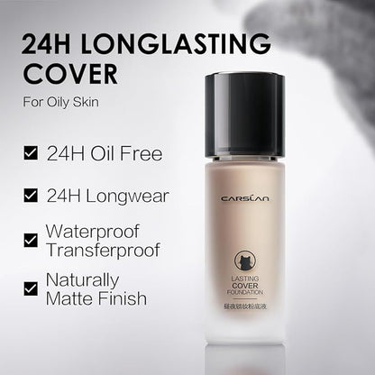 Black Magnet Soft Focus Powder+24H Longlasting Cover Liquid Foundation Makeup+Setting Spray, Summer Longwear Matte Face Makeup Set