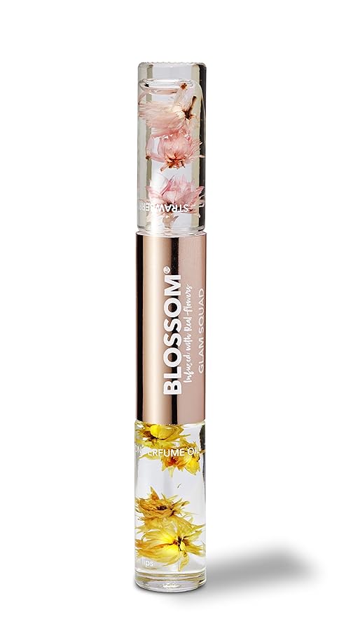 Blossom Lip Gloss & Roll On Perfume for Women, Glam Squad Double Sided Gift Set, Infused with Real Flowers, Bachelorette Gift, Made in USA 0.2oz, Strawberry/Honey Jasmine