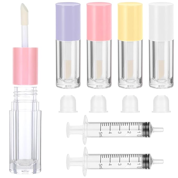 4Pcs Lip Gloss Tubes, 6ml Empty Lip Gloss Tubes with Wand Refillable Lip Gloss Containers with Rubber Stoppers Lip Balm Bottles for DIY Lipgloss (4 Colors)