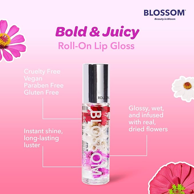 Blossom Roll on Lip Gloss, Scented Clear High Shine Moisturizing Lip Oil, Non Sticky, Infused with Real Flowers, Made in USA, 0.3 fl. oz./9ml, 3 pack Mini Gift Set, Strawberry, Watermelon, Mango