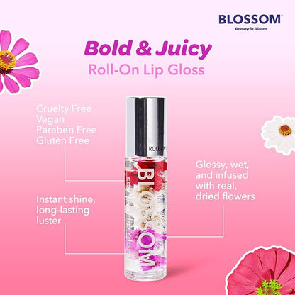 Blossom Roll on Lip Gloss, Scented Clear High Shine Moisturizing Lip Oil, Non Sticky, Infused with Real Flowers, Made in USA, 0.3 fl. oz./9ml, 3 pack Mini Gift Set, Strawberry, Watermelon, Mango
