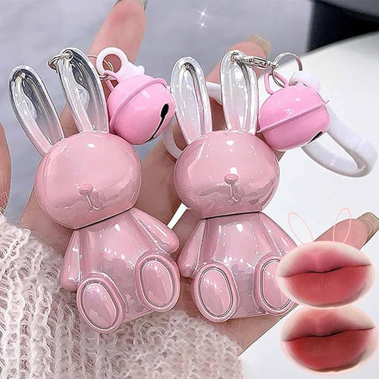 2Pcs Velvet Matte Lip Gloss Set,Cute Pink Rabbit Lip Glaze 2 in 1 Key Chain Liquid Lipstick,Non-Stick Cup Long Lasting Waterproof Bunny Lip Stain,Cute Lip Makeup for Girls