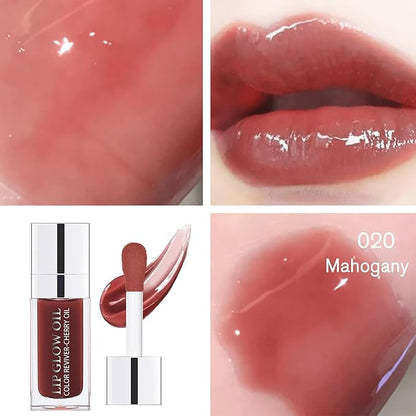Hydrating Lip Glow Oil-Lip care oil- Lip Oil Tinted for Lip Care and Dry Lips-Prevents Dry Cracked-Non-sticky Big Brush Head-Lip Plumping -Lip Oil gloss tinted-020#MAHOGANY