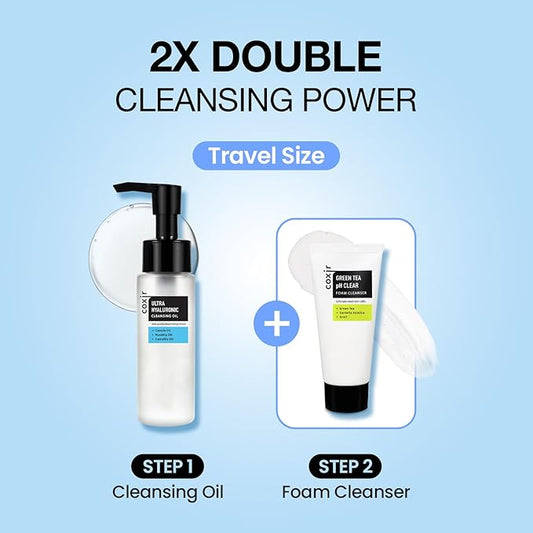 coxir ULTRA HYALURONIC CLEANSING OIL 1.69 fl.oz + GREENTEA PH CLEAR FOAM CLEANSER 1.01 fl.oz l for Double cleansing, Hydrating, Smoothing, Calming, Moisturizing, Hyaluronic Acid, Korean Skin Care
