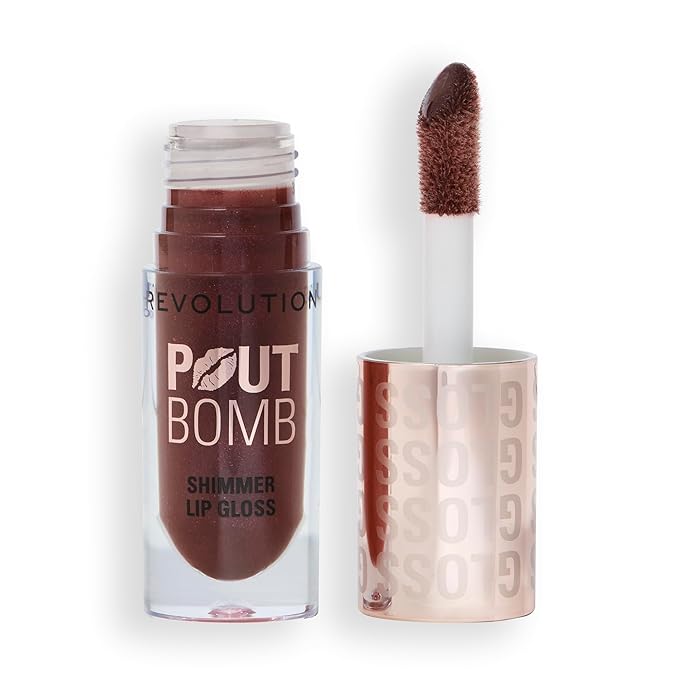 Revolution, Pout Bomb Shimmer Gloss, High-Shine Lip Gloss & Shimmer for Glossy Lips with Hyaluronic Acid & Sweet Vanilla Scent, Chocolate Sparkle, 0.15 Oz