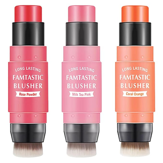 3 Pcs Cream Blush Stick with Brush,Waterproof Multi Cream Makeup Stick,Lightweight,Long-lasting,2 in 1 Multi Blush for Cheeks & Lip Tint & Eyeshadow Makeup,Suitable for All Skin