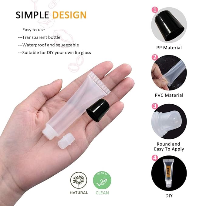 AMORIX 6PCS 10ml Lip Gloss Tubes Clear Empty Lip Balm Containers with Black Cap Refillable Soft Cosmetic Squeeze Tubes for Lip Gloss Base Glitter Pigment Powder.