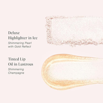 Jouer Glow On La Go Cheek & Lip Set - Deluxe Ice Highlighter + Diamond Shimmering Tinted Lip Oil - Highlighter Powder for Face - Luminizing Powder & Shimmer Lip Oil