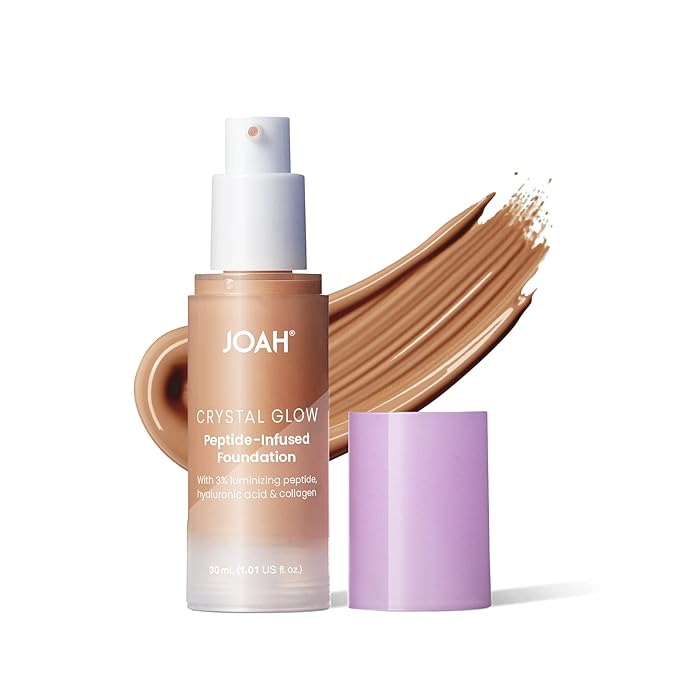 JOAH Crystal Glow Peptide-Infused Foundation, 2-in-1 Multitasking Korean Makeup with Blurring Face Primer, Luminizer, Hydration & Skin Defense for a Flawless Finish, 1.01 Oz, Tan Warm