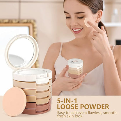5 Colors Long-Lasting Lightweight Multi-layer Matte Loose Setting Powder Pressed Face Makeup Concealing Shading Powder Foundation for All Skin Tones, Minimizes Fine Lines & Imperfections