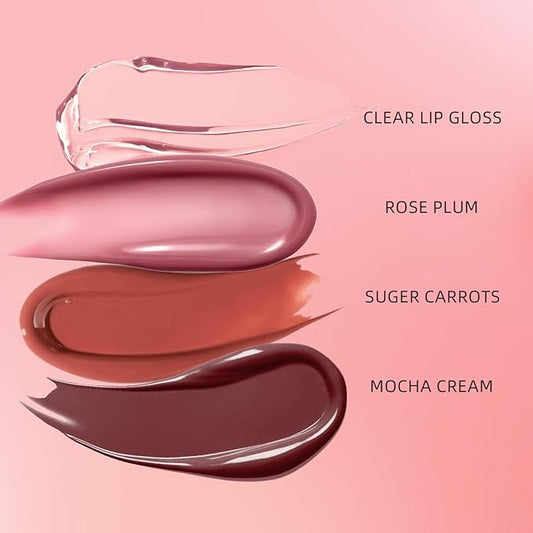 4 In 1 Lip Stain,3 Vivid Color Lip Tints and Clear Lip Gloss,Contains Lip Oil Gloss and Velvety Lip Tint for Matte/Plumping Glossy Lip Look,Moisturizing，Non-Sticky,Long-Lasting,Smudge-Proof