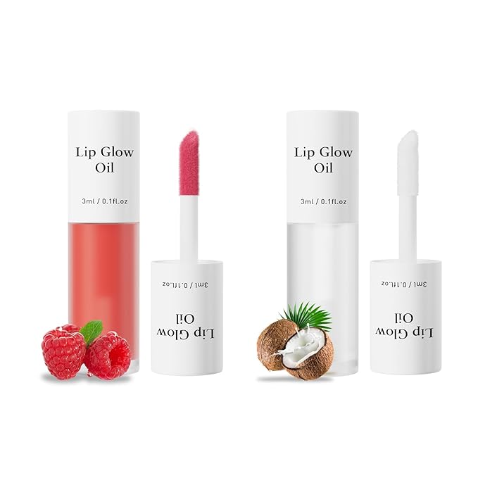 Hydrating Lip Glow Oil - 2PCS Tinted Moisturizing Lip Gloss Plumping Long-Lasting Shiny Fruit Flavor Lip Stain, 0.10 Fl Oz (Raspberry&Coconut)