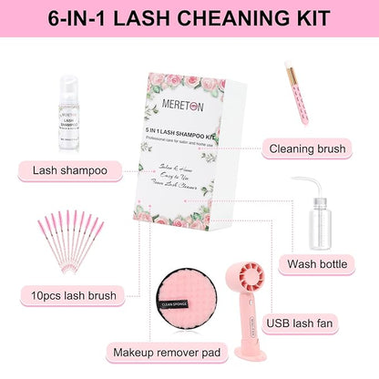 Lash Shampoo Kit 60 ml Lash Shampoo for Lash Extensions Lash Extension Cleanser 6 in 1 Eye Lash Cleansing Foam for Lash Clusters with Lash Wash, Lash Fan, Makeup Pad, Rinse Bottle, Lash Brush