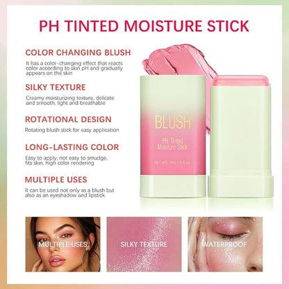 PH Tinted Moisture Stick，Multi-Use Cream Color Changing Blush, 3-in-1 Blush Stick for Cheek/Eyes/Lips, Waterproof Hydrating Tinted Solid Makeup Products (1# Shy Pink)