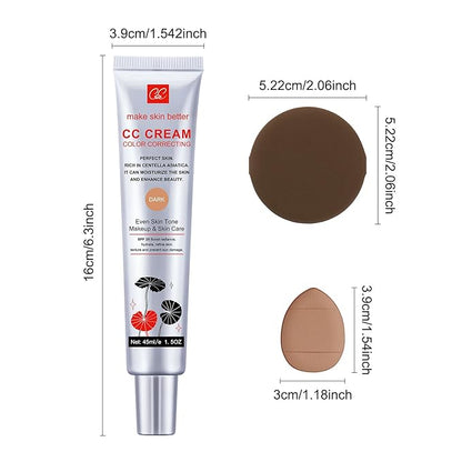 Color Correcting CC Cream with Powder Puff 【SPF 25】, Light & Hydrating CC Cream Foundation with Centella Asiatica, Multi-Purpose for Even Skin Tone, Refine Skin Texture, SPF Protection (Dark)