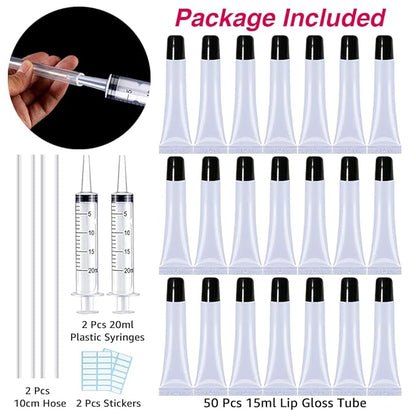 AMORIX 50PCS Lip Gloss Tubes 15ml Black Cap Lip Gloss Containers Empty Lip Balm Tubes Refillable Cosmetic Squeeze Lipgloss Tubes + 2 x 20ml Syringes Tag Labels for DIY Lip Gloss Base Glitter