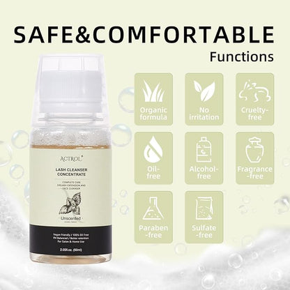 Eyelash Cleanser Concentrate 60ml Unscented Professional Lash Shampoo Foaming Cleanser DIY Wash for Extensions Lashes with Salon Home Care-Makes 6 Bottles