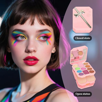 18 Color Beauty Makeup Palette Set Portable All-in-One 11 Eyeshadow 2 Blush 2 Shimmer 3 Lipstick Palette Kit with Dual-Ended Brushes, Travel-Friendly Cosmetic Case for Daily Party