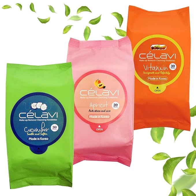 Celavi Makeup Removing Wipes 30 Count (3 Packs) (APRICOT/VITAMIN/CUCUMBER)