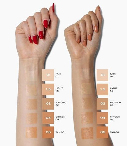 MAKE Beauty Diffusion Dew Skin Tint. Sheer to Medium Coverage Radiant Finish. Blurring, Smoothing, and Brightening for Glowing Complexion. Enhanced with Niacinamide and Adenosine. Hazelnut 16
