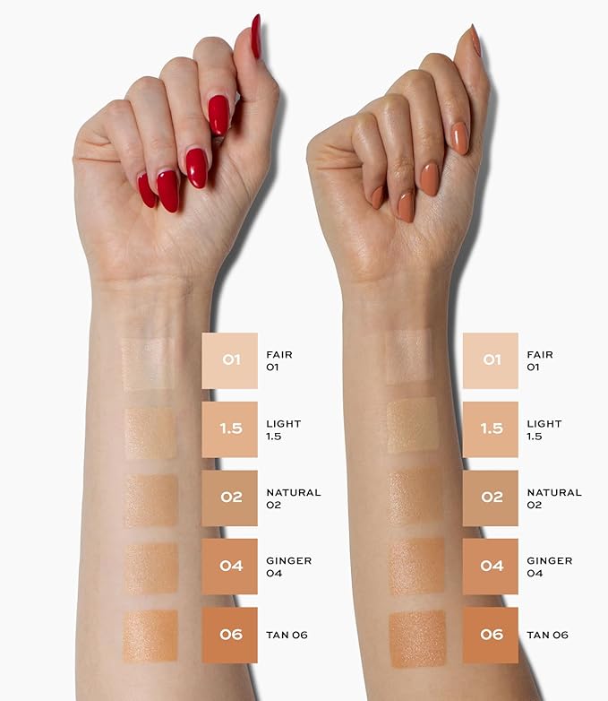 MAKE Beauty Diffusion Dew Skin Tint. Sheer to Medium Coverage Radiant Finish. Blurring, Smoothing, and Brightening for Glowing Complexion. Enhanced with Niacinamide and Adenosine. Caramel 08