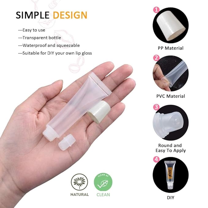 AMORIX 6PCS 10ml Lip Gloss Tubes Clear Empty Lip Balm Containers with White Cap Refillable Soft Cosmetic Squeeze Tubes for Lip Gloss Base Glitter Pigment Powder.