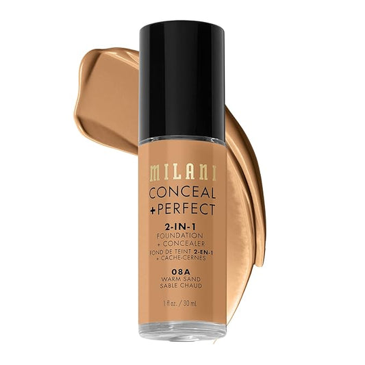 Milani Conceal + Perfect Liquid Foundation - Warm Sand (1 Fl. Oz.), Cruelty-Free, Water-Resistant, Full Coverage, Long-Lasting, 45 Shades