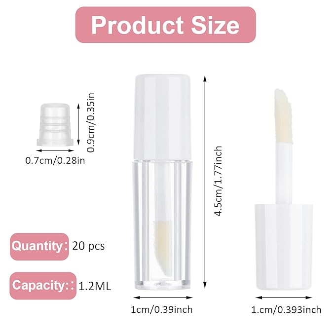 20 Pcs Empty Lip Gloss Tubes 1.2ml Clear Mini Refillable Lip Balm Bottles Lip Gloss Containers with Wand Makeup Containers Bottles for Lipstick Samples Lip Balms Lip Gloss Making Travel Split Charging