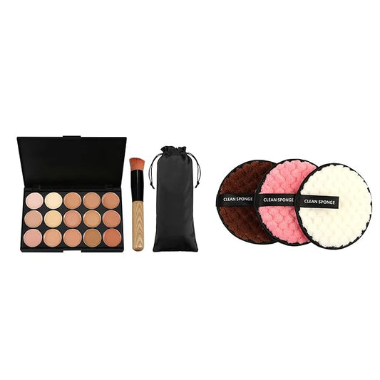 Vtrem 15 Colors Contour Palette Kit & 3 Colors Makeup Remover Pads, White/Pink/Brown