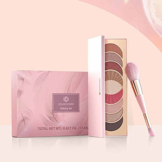 Color Nymph Blush Bronzer Highlighter Palette丨9 Colors Shimmer Eyeshadow Makeup Palettes, High-Pigment Travel Makeup Pallet with Mirror Brush, Cruelty-free & Talc-free