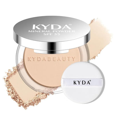 KYDA Mineral Powder, SPF 35, 4-in-1 Mineral Pressed Powder Foundation with Concealer and Setting, Matte Weightless Pressed Foundation, Light to Medium Coverage, #PORCELAIN