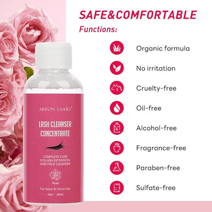Eyelash Cleanser Concentrate 60ml Professional Lash Extensions Shampoo Natural Foaming Cleanser for Extensions Lashes with Salon Home Care-Makes 12 Bottles 60ml Eyelash Shampoo (Rose)