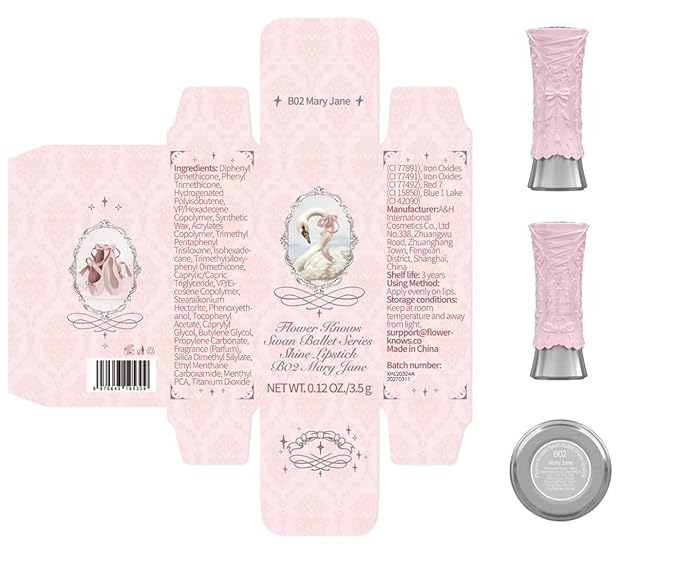 Flower Knows Swan Ballet Shine Lipstick,Hydrating Solid Lip Gloss,Moisturizing Nude peachy Tinted Lip Balm-Long Lasting Lip Gloss in Balm for Girls&Women,Vegan & Cruelty-Free(B02 Mary Jane)