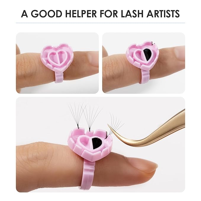 100 Pieces Lash Glue Rings, 2 in 1 Holder Open Ring(Simple Packaging)-(Pink Heart Shape)