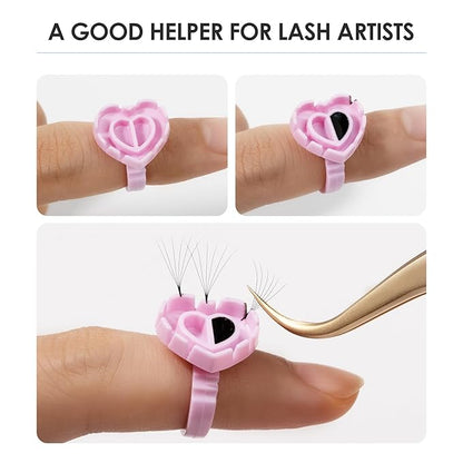 100 Pieces Lash Glue Rings, 2 in 1 Holder Open Ring(Simple Packaging)-(Pink Heart Shape)