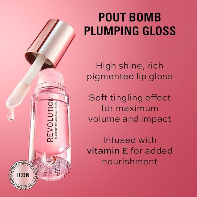 Revolution, Pout Bomb Plumping Lip Gloss, High Shine, Rich Glossy Pigment, Infused with Vitamin E, Cookie Deep Nude, 0.15 fl oz