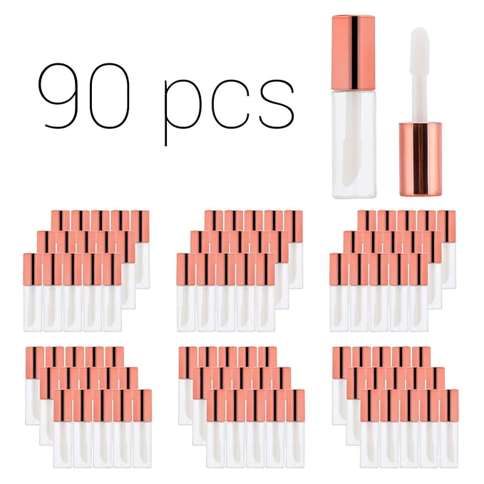 Case of 90 packs, Empty Plastic Clear Lip Gloss Tubes Lip Balm Bottle Container Rose Gold Transparent 1.2ML Makeup Tool for Women (90 pcs, Rose Gold)