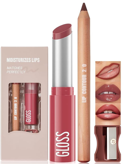 2 Pcs Lipstick and Lip Liner Set Hydrating Lip Tint Non-Sticky Lightweight Lip Balm Plumping Lip Kit for Women Matte Lip Pencil Long Lasting Gradient Glossy Lip Combo with Sharpener, 01