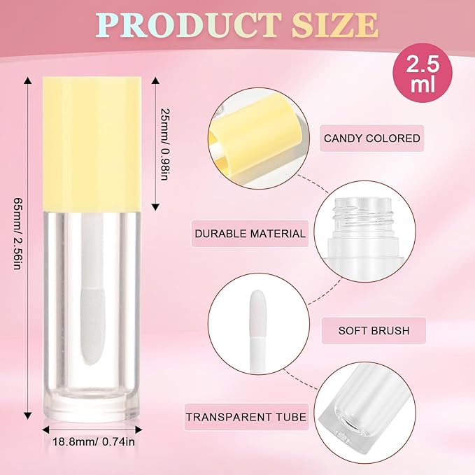 50pcs 2.5ml Empty Lip Gloss Containers Lip Gloss Tubes with Wand Cute 0.08oz Clear Refillable Lipgloss Making Supplies Kit for DIY Makeup + 2pcs Syringes (Yellow)